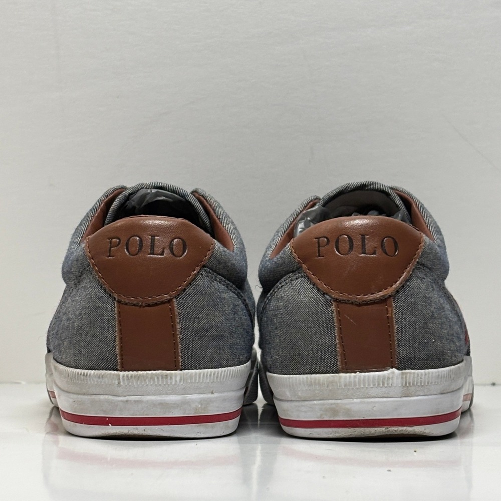 Polo Ralph Lauren Vito Mens 11D Grey Chambray Leather Trim Sneakers‎ Low Shoes - Picture 4 of 9